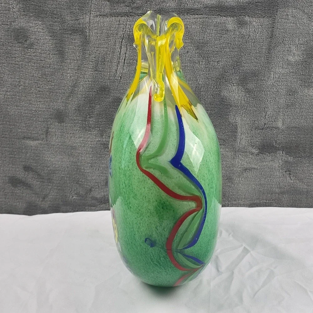 Murano Style Art Glass Vase Millefiori Yellow Green Double Handle Vase 11